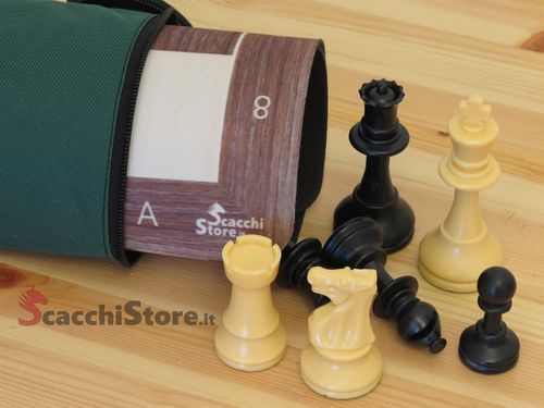 Set completo da torneo con Scacchiera avvolgibile similegno Noce + Scacchi in plastica beige + Borsa